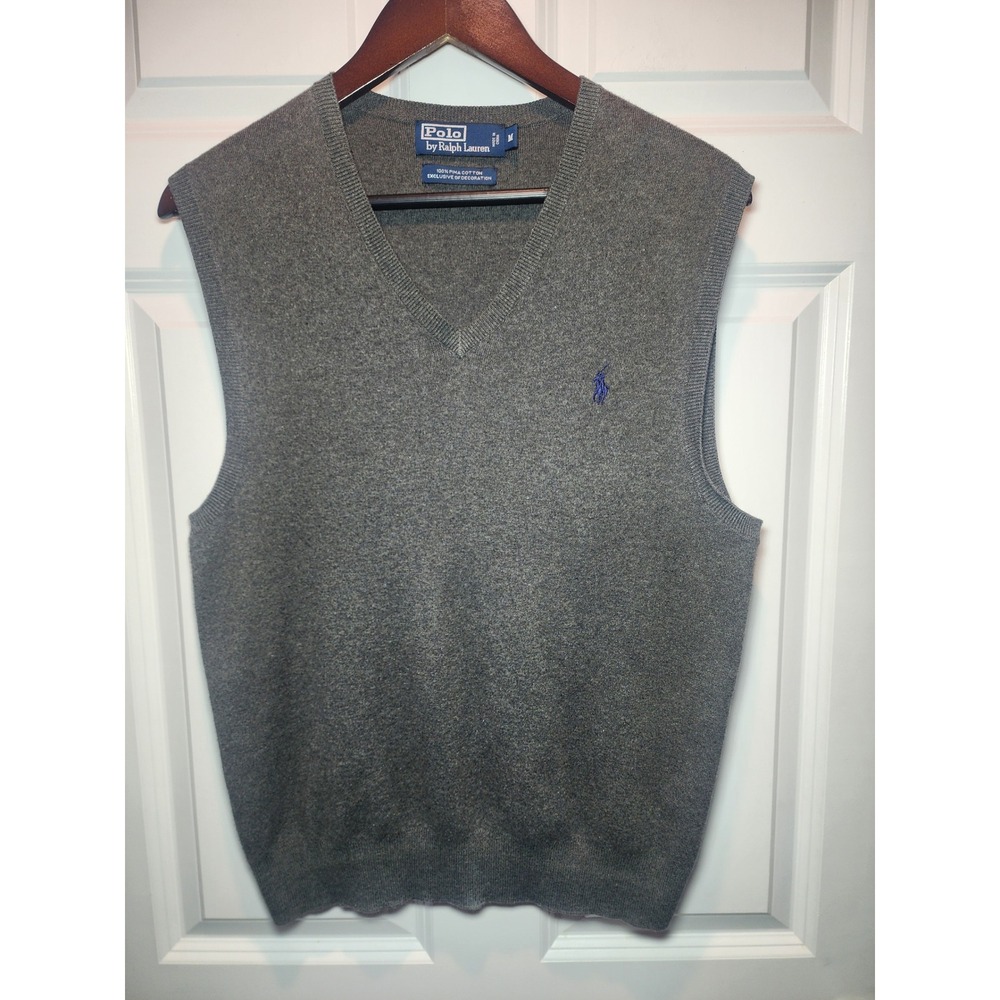 Polo Ralph Lauren Sweater Vest Mens Medium Grey V-Neck Pima Cotton Vintage 90s